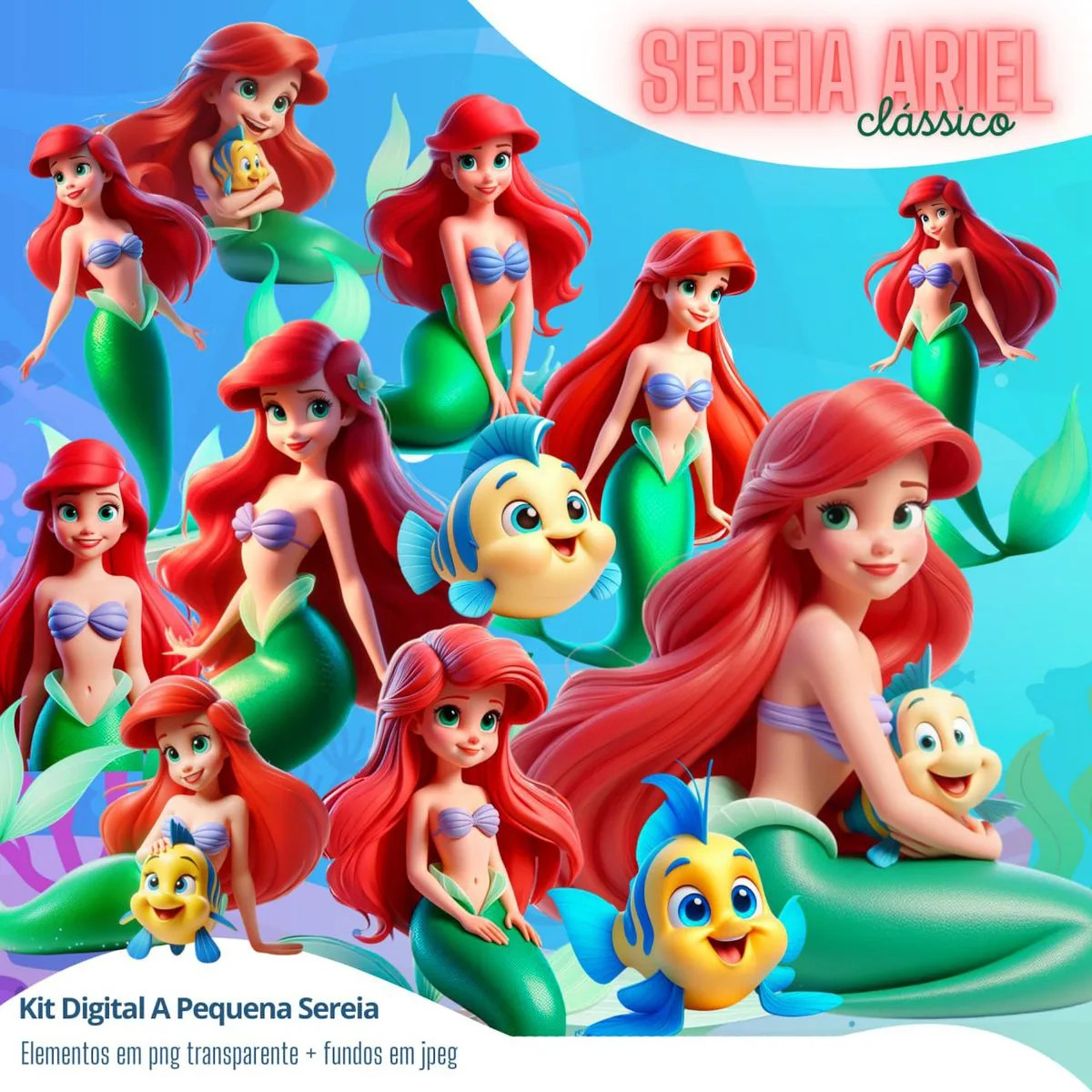 Coleção de ilustrações digitais da personagem sereia ruiva com um pequeno peixe amarelo.