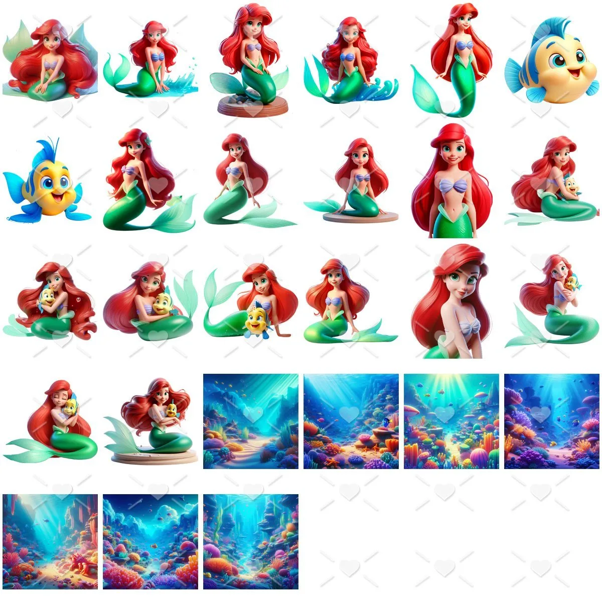 Coleção de ilustrações digitais contendo sereias ruivas e peixes em cenários subaquáticos coloridos.