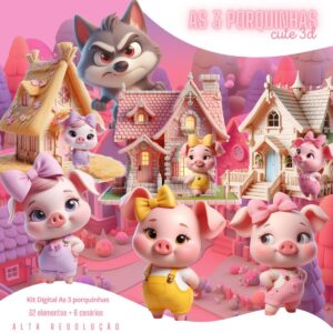 Ilustrações As Três Porquinhas e Seu Lobo Mau Png Cute 3D