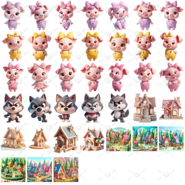 Ilustrações As Três Porquinhas e Seu Lobo Mau Png Cute 3D