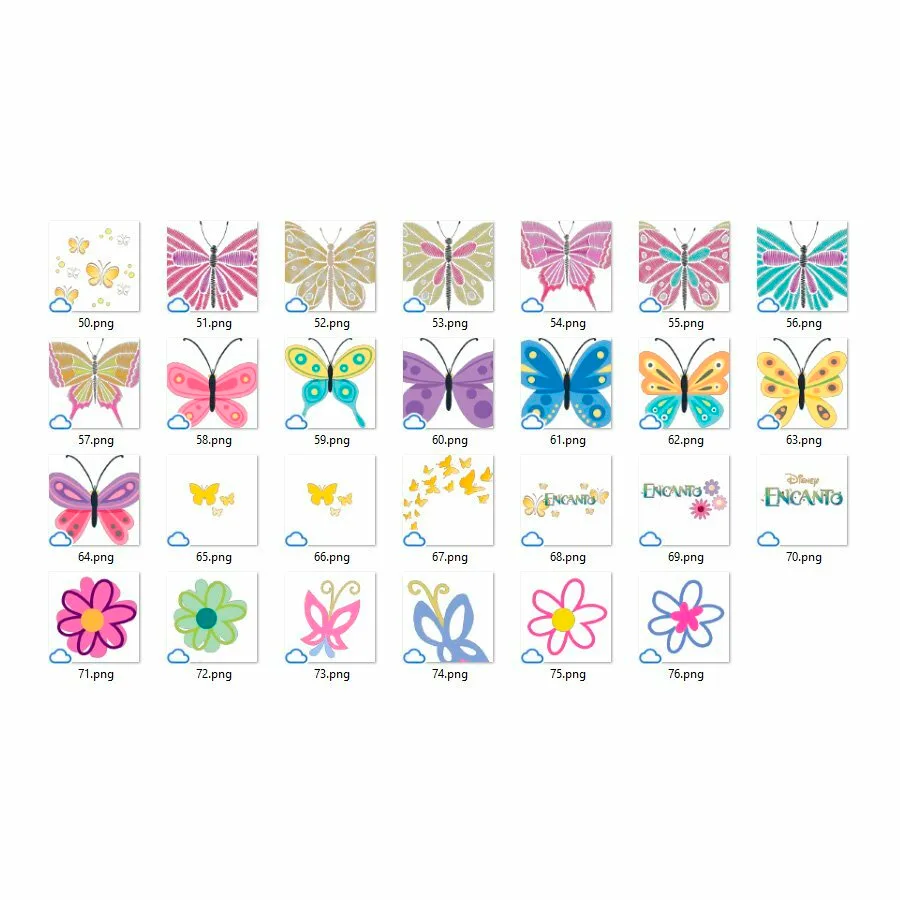 Coleção de artes digitais com borboletas e flores coloridas em arquivo PNG numerado.