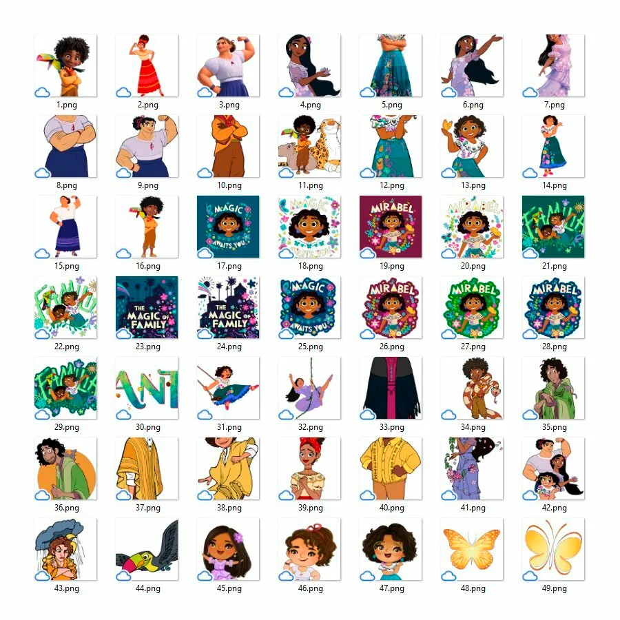 Uma grade mostrando dezenas de arquivos de arte digital com personagens de desenhos animados
