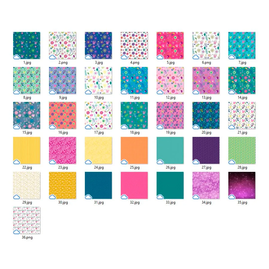 Mostruário digital contendo várias opções de estampas coloridas com flores e texturas variadas