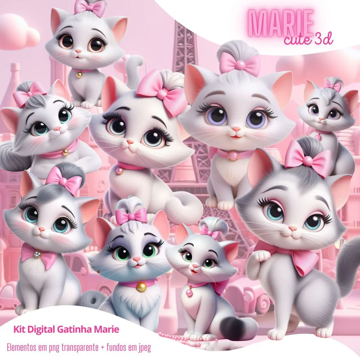 Ilustrações Disney Marie Gata Branca Png Transparente Cute 1 Ilustrações 3D de gatinhas brancas com laços rosas sobre fundo rosa.