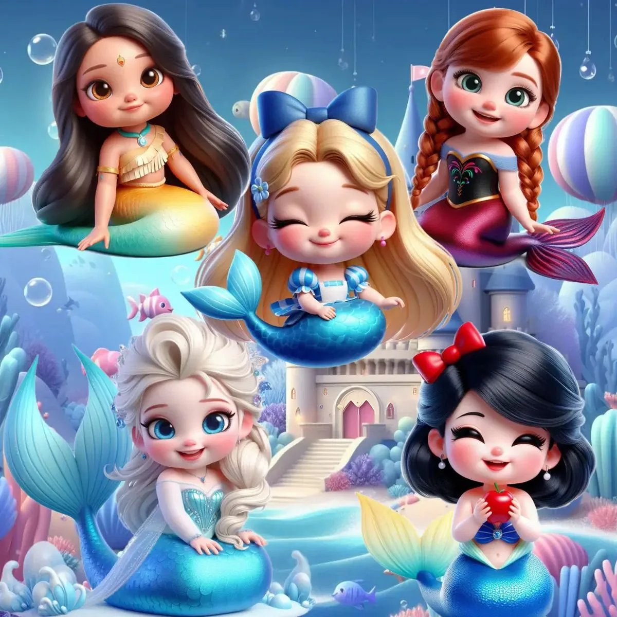 Ilustrações Disney Princesas Sereias Imagens Png Sem Fundo 2 Cinco personagens femininas estilo boneca com caudas de sereia em um cenário submarino fantástico.