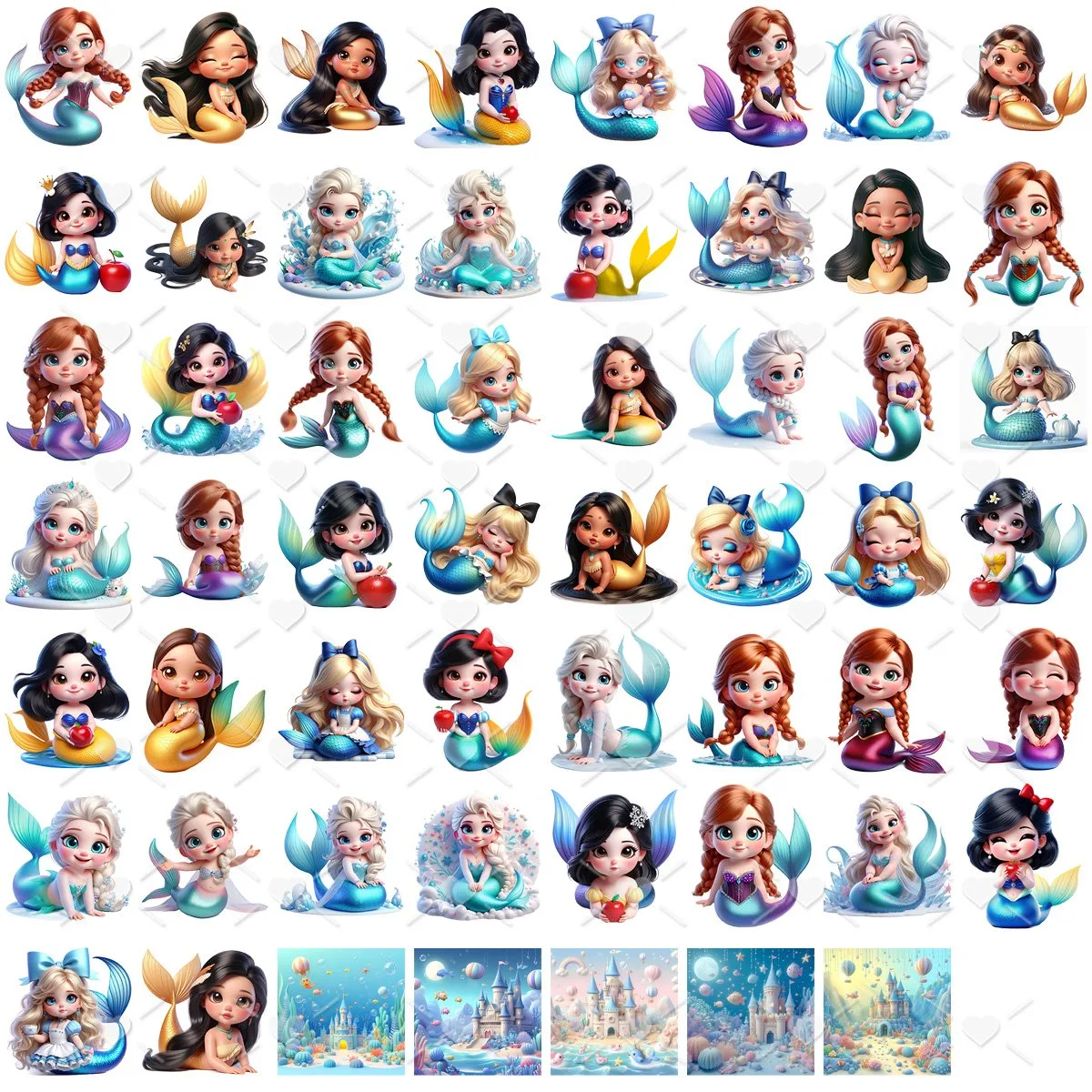 Ilustrações Disney Princesas Sereias Imagens Png Sem Fundo 3 Uma coleção de ilustrações digitais estilo chibi retratando sereias e castelos subaquáticos fantasiosos.