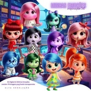 Personagens de desenho animado 3D representando várias emoções humanas coloridas em um painel.