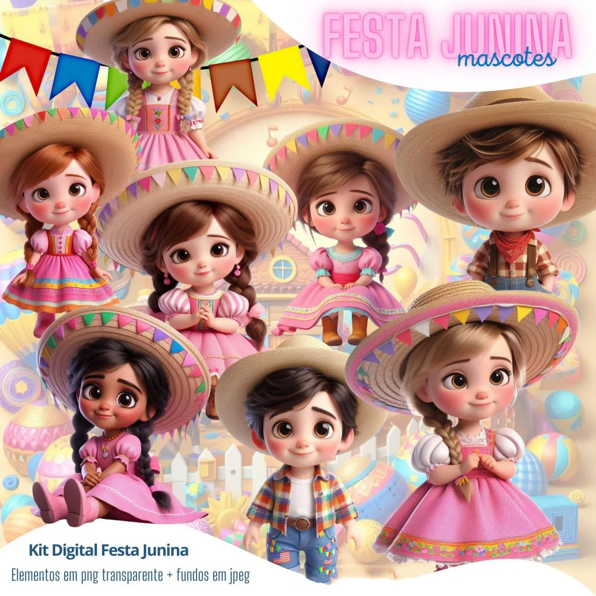Várias ilustrações de crianças vestidas com roupas típicas para festas juninas.
