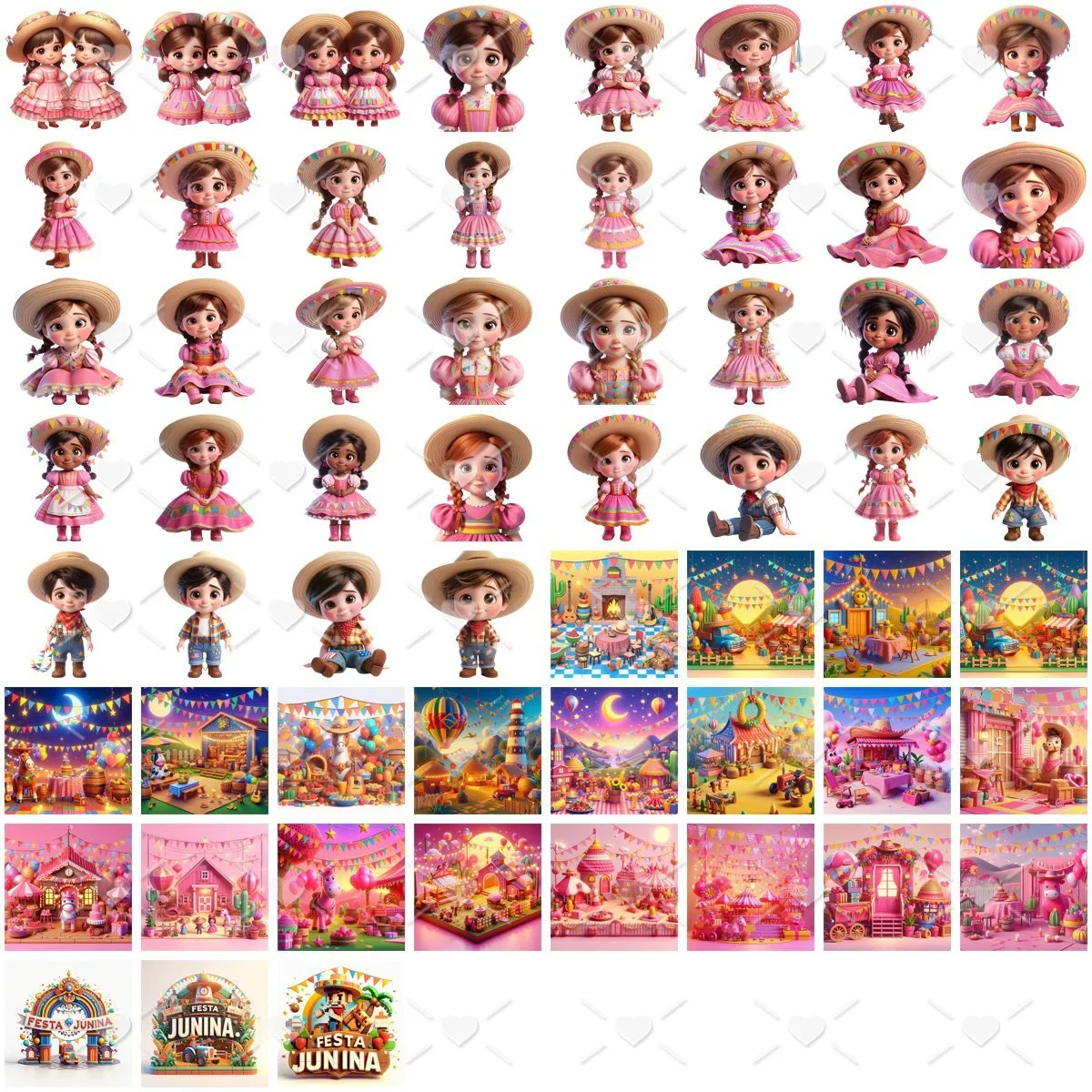 Coleção de ilustrações digitais contendo personagens infantis e cenários de festividades típicas brasileiras.