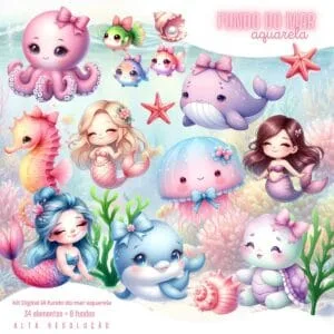 Ilustrações Fundo do Mar 3D Png Bebe Baby Fofo Kit Digital
