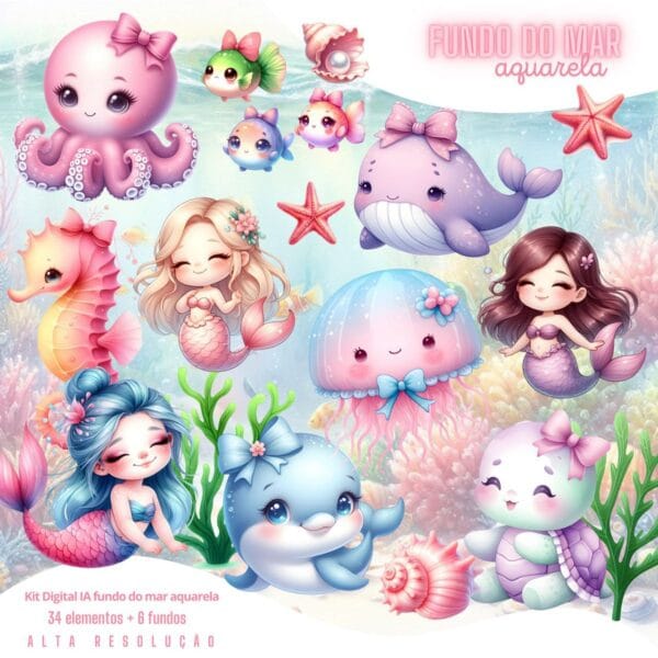 Ilustrações Fundo do Mar 3D Png Bebe Baby Fofo Kit Digital
