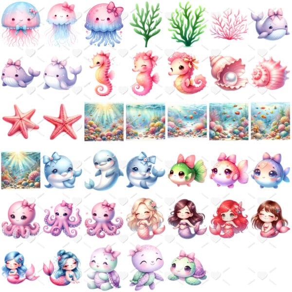 Ilustrações Fundo do Mar 3D Png Bebe Baby Fofo Kit Digital