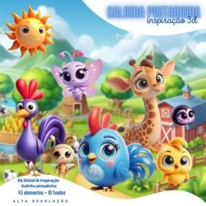 Personagens infantis em estilo 3D coloridos sobre um fundo de paisagem rural.