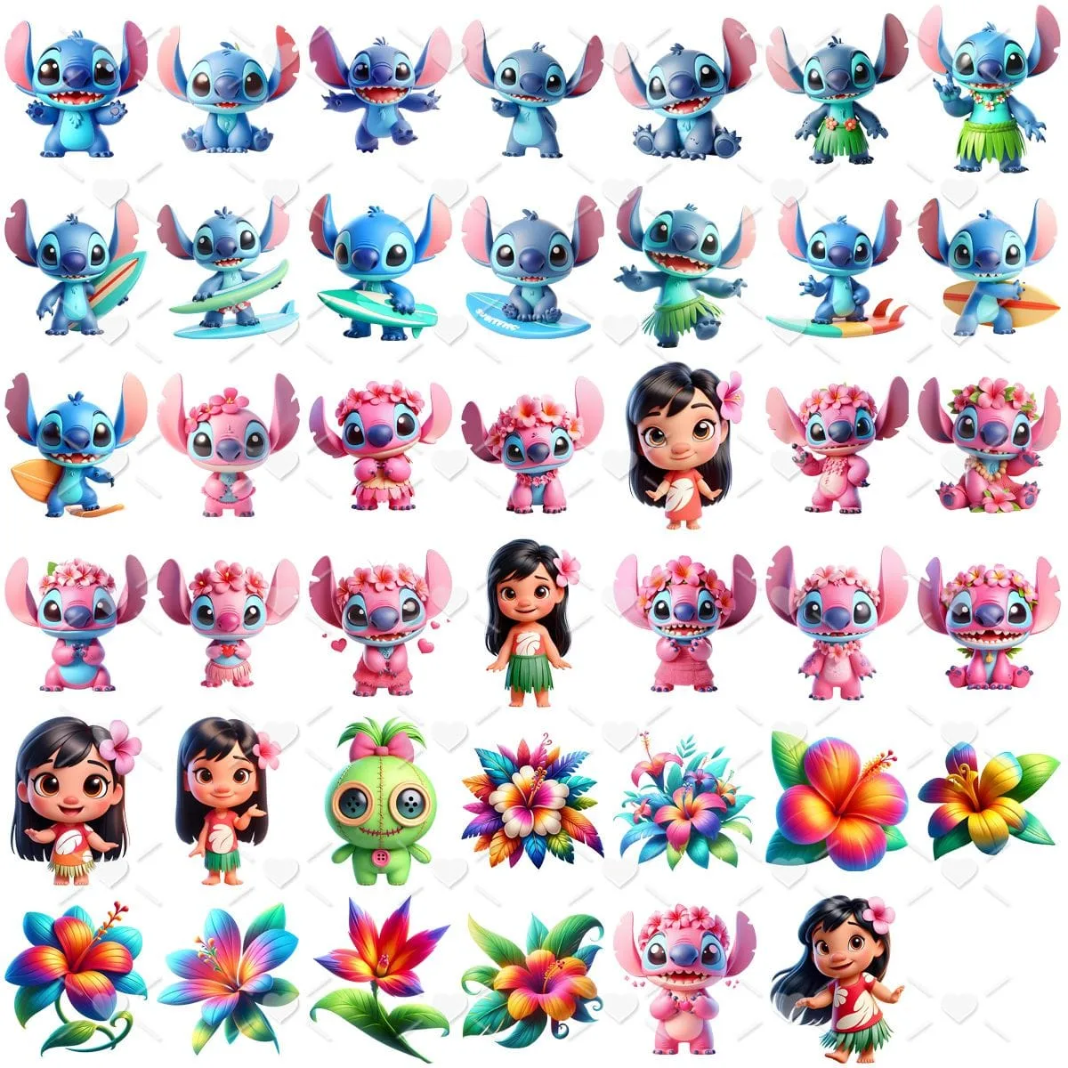 Conjunto de ícones digitais com criaturas azuis e rosas, meninas e flores tropicais coloridas.
