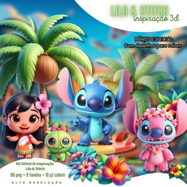 Ilustrações Lilo e Stitch Png Baby Fofo Kit Digital 3D