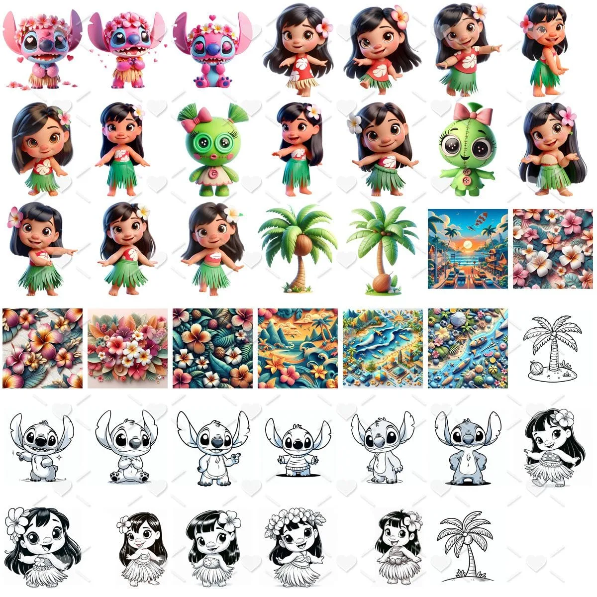 Conjunto de ilustrações coloridas e traços de personagens tropicais e paisagens praianas.