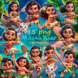 Ilustrações Moana Baby Png Fofo Kit Digital 3D + Cenários