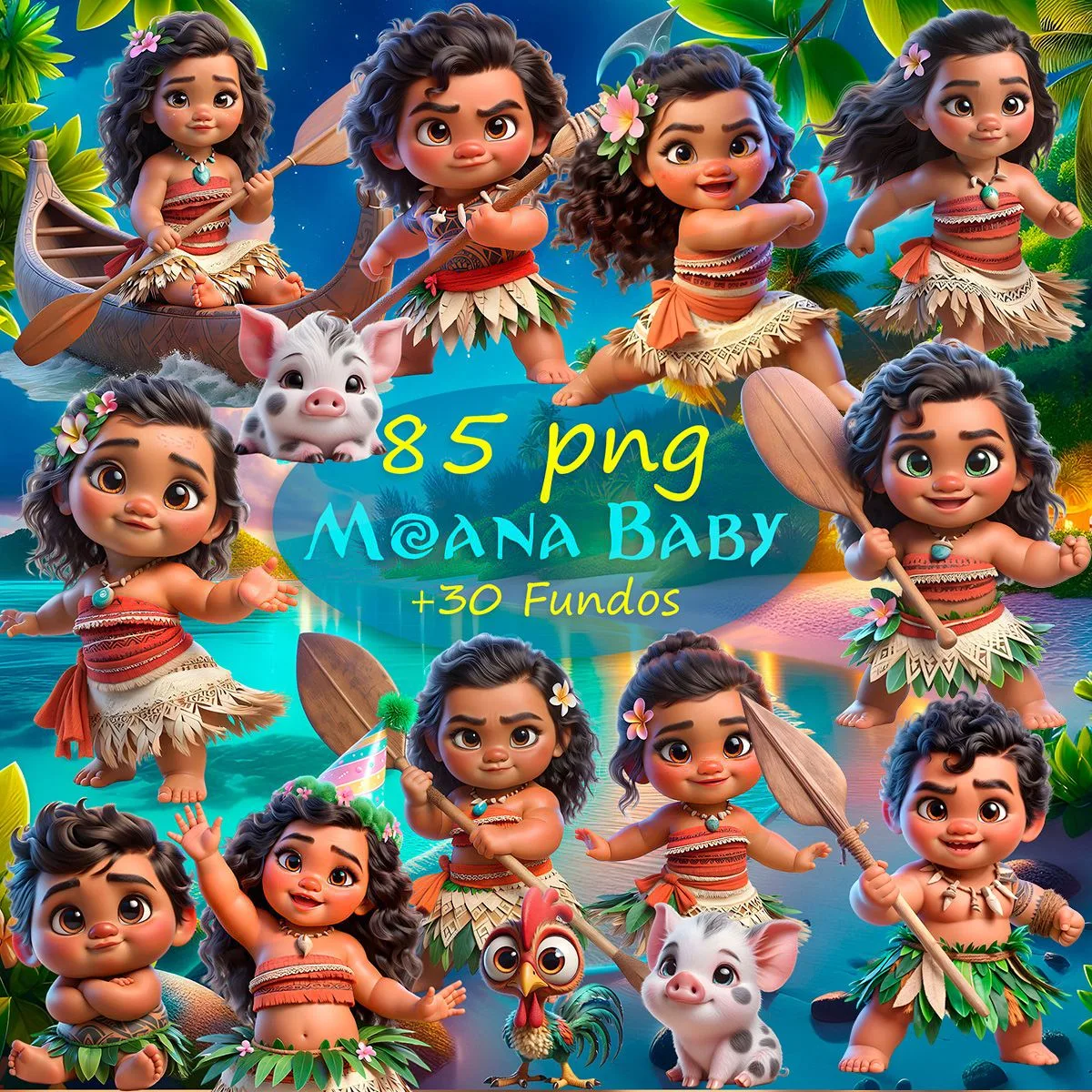Ilustrações Moana Baby Png Fofo Kit Digital 3D + Cenários