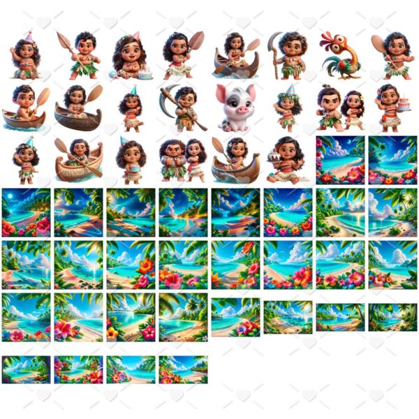 Ilustrações Moana Baby Png Fofo Kit Digital 3D + Cenários