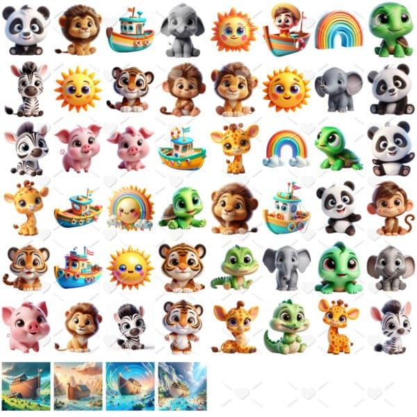Ilustrações Png Arca de Noé Cute 3D Imagens Animais Bebês