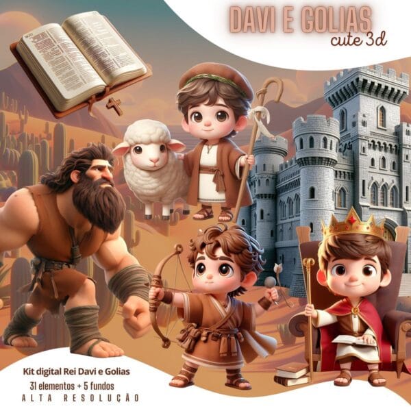 Ilustrações Rei Davi e Golias Png Baby Fofo Kit Digital 3D