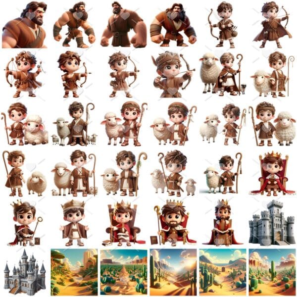 Ilustrações Rei Davi e Golias Png Baby Fofo Kit Digital 3D