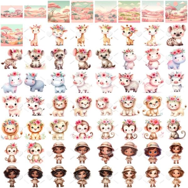 Ilustracoes Safari Rosa Aquarela Png Baby Fofo Kit Digital 2