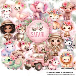 Ilustracoes Safari Rosa Aquarela Png Baby Fofo Kit Digital 4