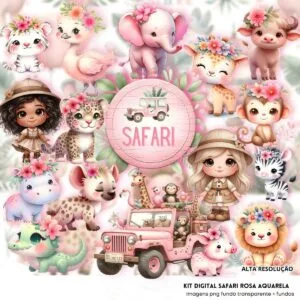 Ilustracoes Safari Rosa Aquarela Png Baby Fofo Kit Digital 4