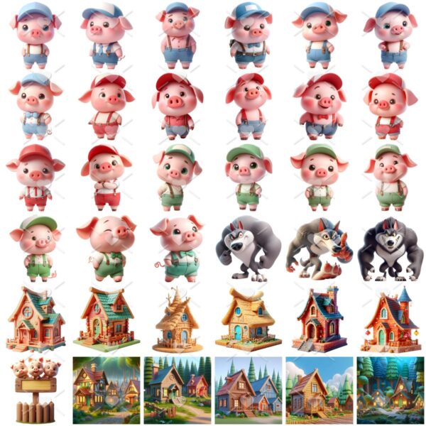 Ilustrações Três Porquinhos Png Baby Cute + Lobo Mau Png