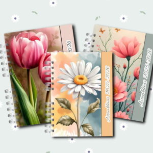 Três cadernos digitais com espiral, capas florais e texto "Assembleias 2025-2026".