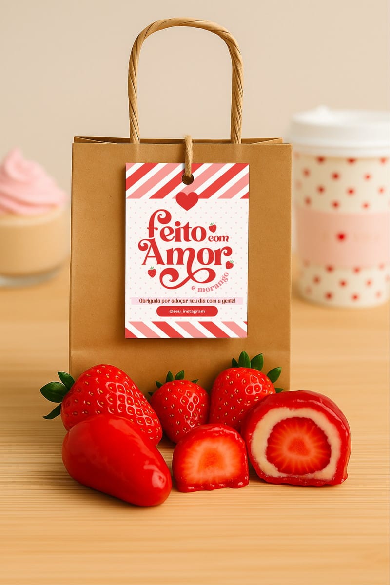 Kit Adesivos e Tags Morango Amor para Embalagem no Canva 2 Saco de papel marrom com etiqueta temática e morangos frescos na mesa.