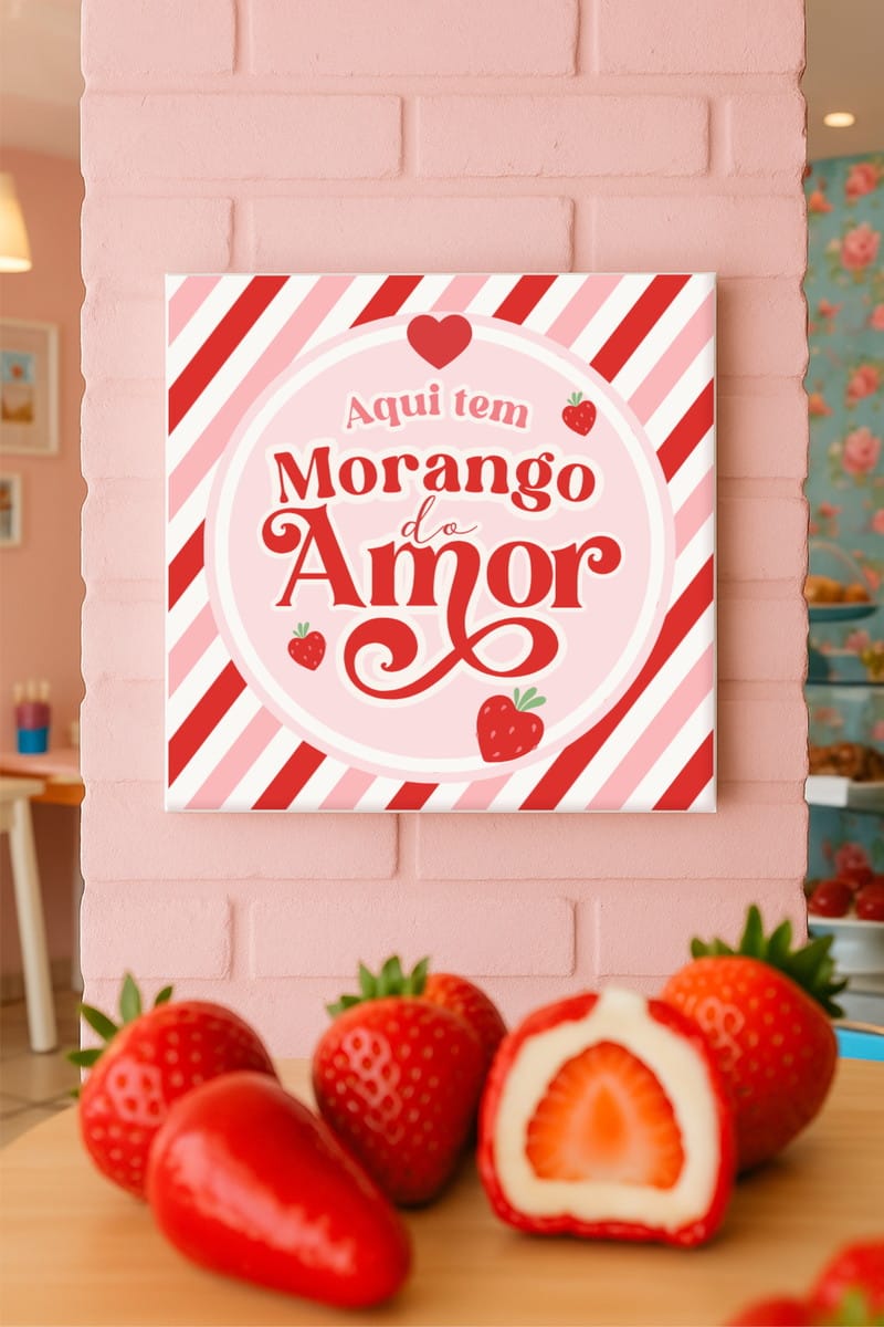 Kit Adesivos e Tags Morango Amor para Embalagem no Canva 3 Placa quadrada com estampa de morangos pendurada em parede rosa de tijolos.