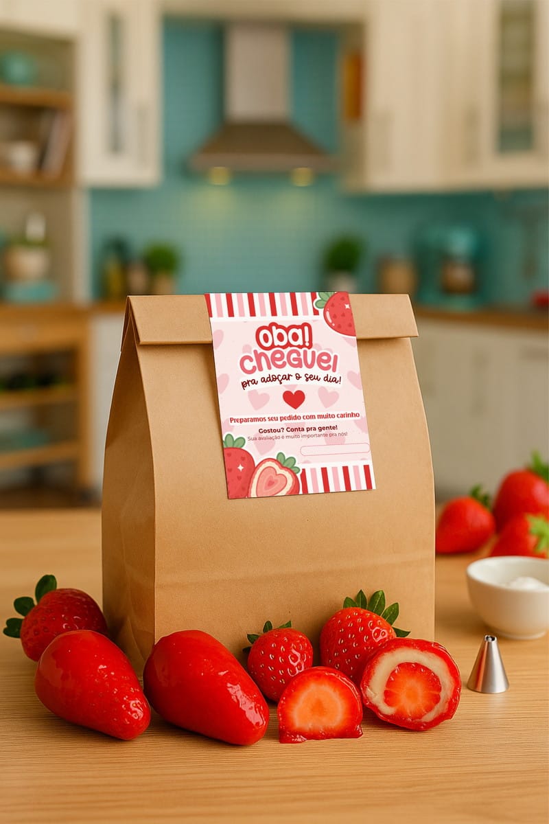 Kit Adesivos e Tags Morango Amor para Embalagem no Canva 4 Saco de papel pardo com etiqueta de morango sobre mesa de madeira
