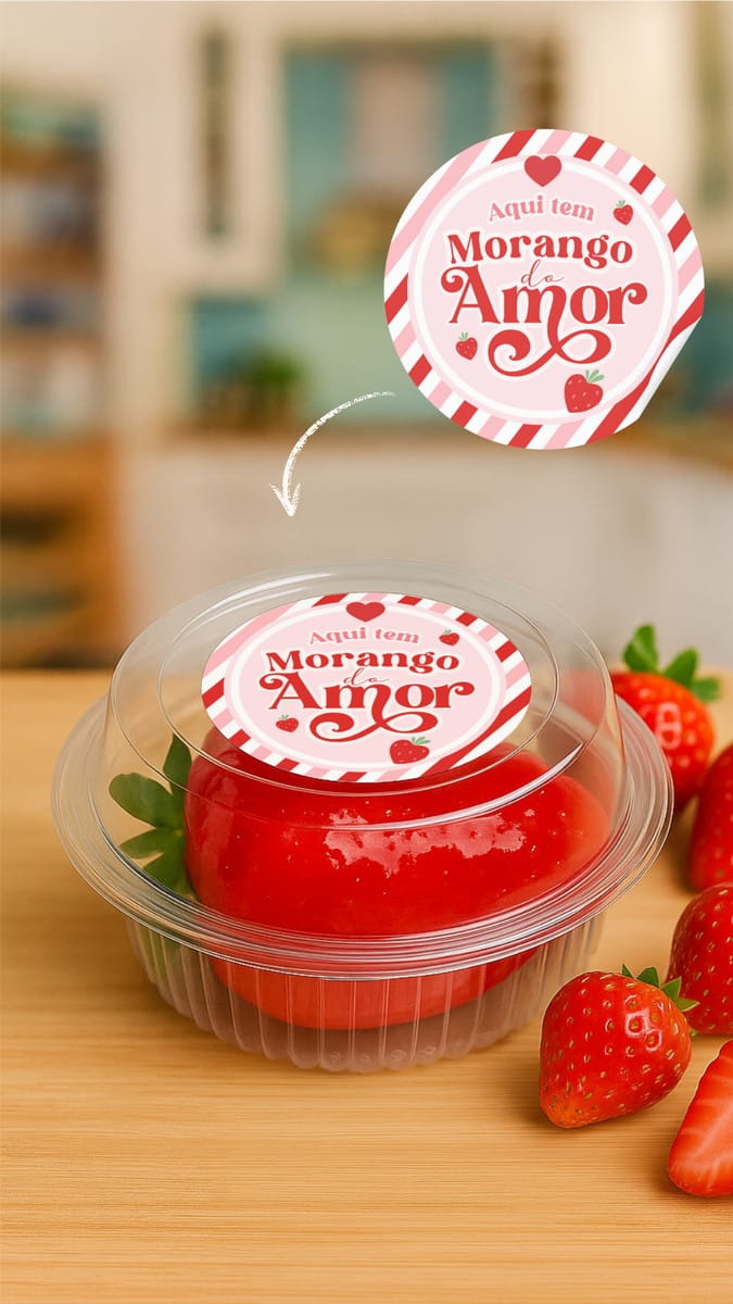 Kit Adesivos e Tags Morango Amor para Embalagem no Canva 1 Adesivo redondo colado em embalagem transparente com morangos frescos ao redor.