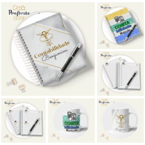 Mockup de cadernos e canecas personalizados com temática de contabilidade em fundo claro.