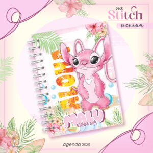 Design digital de capa de agenda 2025 com personagem rosa, "Malu" e tema tropical.
