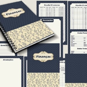Caderno espiral fechado com estampa azul e folhas internas exibindo tabelas financeiras.