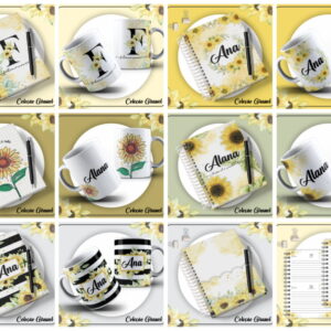 Coleção de itens personalizados com estampa de girassóis, incluindo cadernos, canecas e agendas.