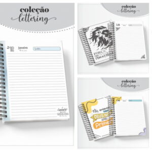 Várias capas de cadernos com letras artísticas e páginas internas pautadas e organizadas.