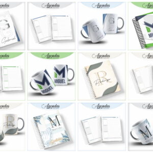 Coleção de agendas e canecas personalizadas organizadas em uma grade de doze imagens.