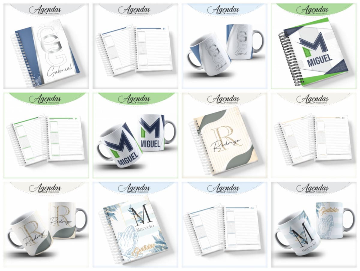 Kit Agenda Masculina Digital com Alfabeto para Personalizar 1 Coleção de agendas e canecas personalizadas organizadas em uma grade de doze imagens.
