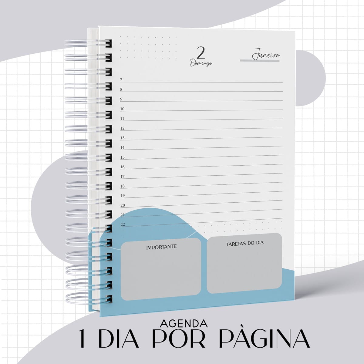 Kit Agenda Masculina Direito 2022 Pronto para Personalizar 2 Agenda espiral aberta com página de planejamento diário e campos para anotações organizadas.