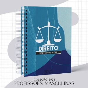 Caderno espiral azul com símbolo da balança e escrita relacionada ao curso de direito.