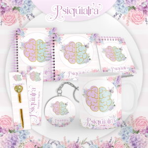 Kit de papelaria personalizado com temática de cérebro e flores em tons pastéis.