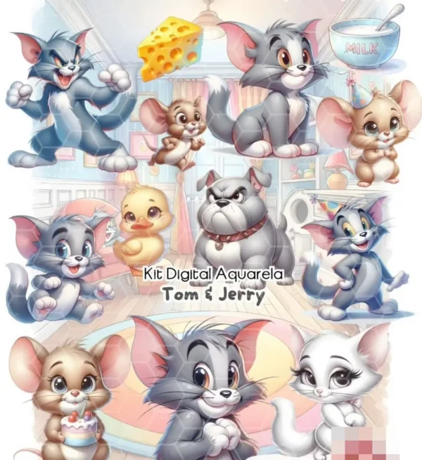 Kit Arquivo PNG - Tema Tom e Jerry Aquarela