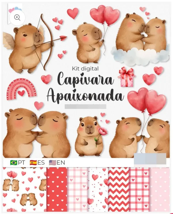 Kit Arte Digital Capivara Apaixonada - Dia dos Namorados