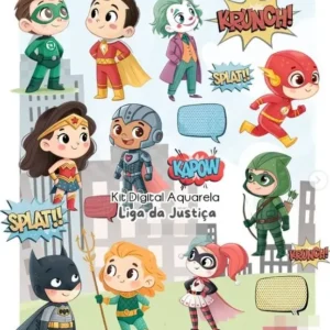 Kit Arte Digital Super-heróis Aquarela - Liga da Justiça
