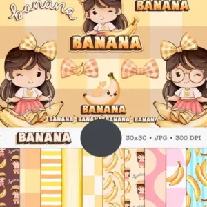 Kit Artesanal Boneca e Banana Aquarelado Estilo PNG