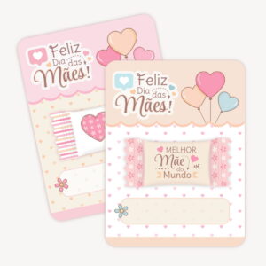 Dois cartões decorados com tema de Dia das Mães em tons pastéis.